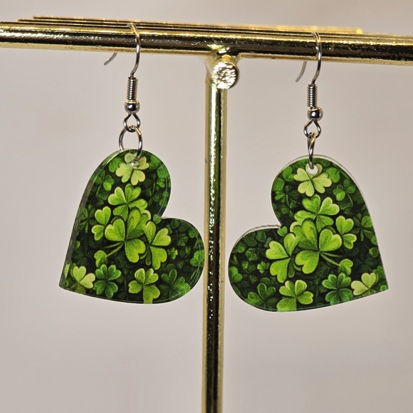 Heart Shaped Shamrock Green Acrylic Earrings - Picture 2 of 4